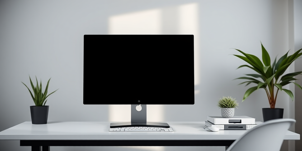 Create a high-resolution image of a sleek black computer monitor on a minimalist desk, captured in a well-lit room using a DSLR camera with a 50mm lens at f/2.8, ISO 100, and a soft focus background for depth.
