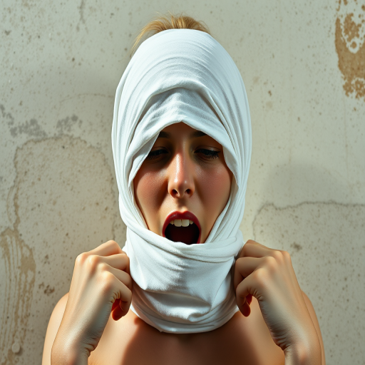 Create a close-up photographic image of the head and torso of a person with light skin tones shown against an old, worn wall. Their head is wrapped in a white cloth covering (i.e.... parts of the head except the nose and mouth, which are open as if they are screaming...), with a slight texture and visible folds in the fabric. Thin strands of blonde hair escape from the wrapping above, falling lightly at the top and sides. Their hands hold the fabric as if they are tugging nervously. The lighting is dramatic and even, casting strong shadows. The image has a minimalist and surreal style with an emphasis on simplicity with soft color tones. The composition is centered.