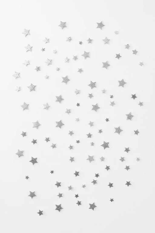 Create a high-resolution image of scattered silver stars on a white background, using a 50mm lens, f/1.8 aperture, ISO 100, shot from a top-down view with a DSLR camera for enhanced clarity and depth.