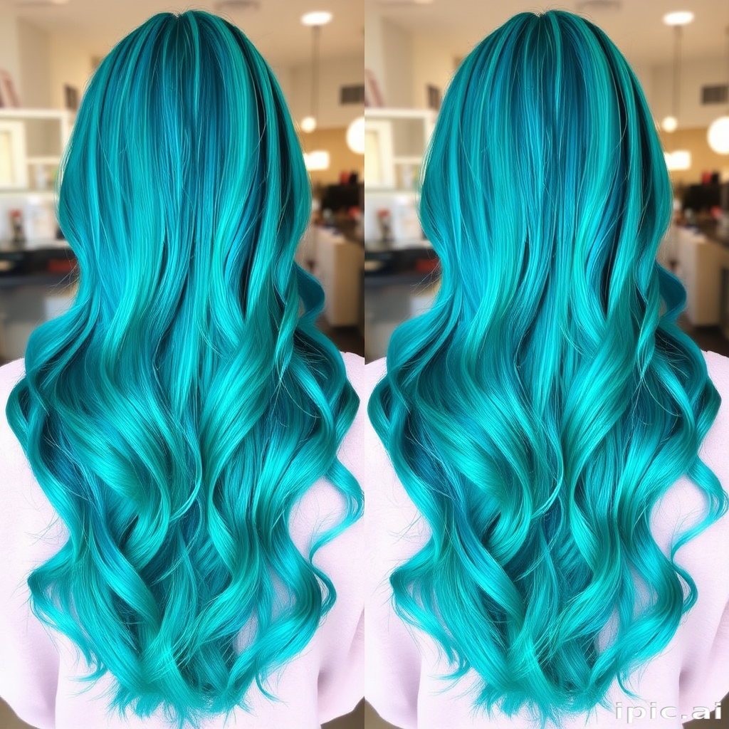 Teal to turquoise color melt on long, mermaid-inspired waves, dubbed "Lagoon Luxe," showcasing a gradient of ocean-inspired hues and a pearlescent sheen