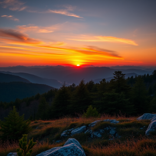 Create a vibrant landscape with a sunset over the mountains, using a Canon EOS R5, 50mm lens, f/1.8 aperture, ISO 100, 1/200 sec shutter speed, shot in portrait mode with HDR processing for enhanced detail.