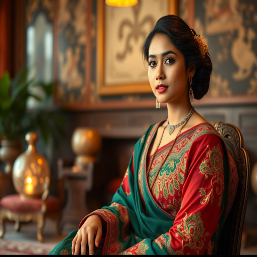 A beautiful Bangladeshi woman in traditional East Asian attire, intricately detailed with embroidered patterns, sitting gracefully in a richly decorated room, soft ambient lighting, serene and elegant, ultra-realistic, 8K resolution