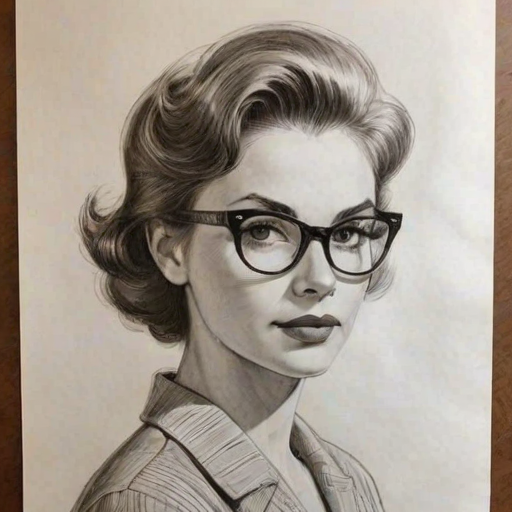 Stunning Diane Wiest, pencil sketch, portrait of Superb woman 1957s in glasses, hair style beatnik, outline, clear lines, fine lines, 8k