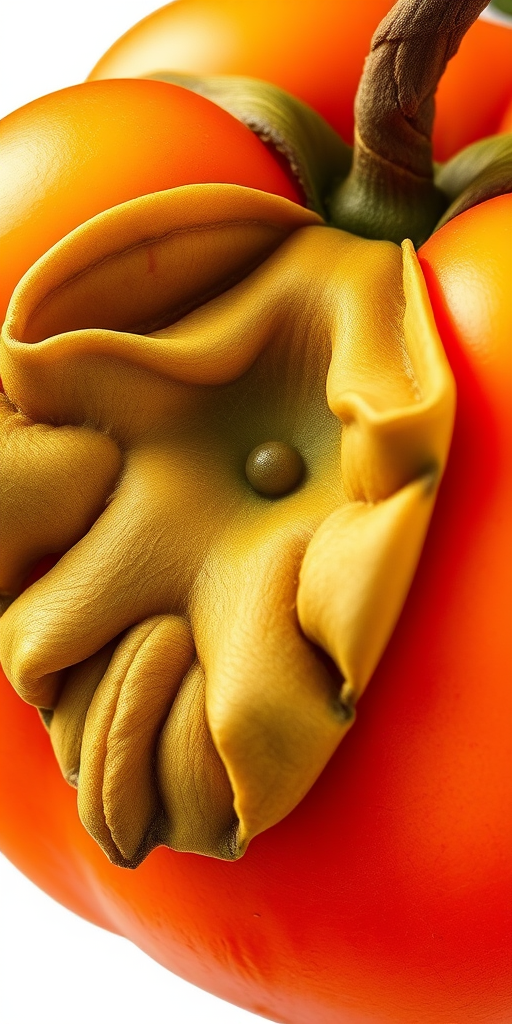 Create a highly detailed and vibrant illustration of a ripe persimmon fruit, captured in a macro view with soft natural lighting, using a DSLR camera with an aperture of f/2.8 for shallow depth of field, ISO 100 for clarity, and a focal length of 100mm to highlight textures.