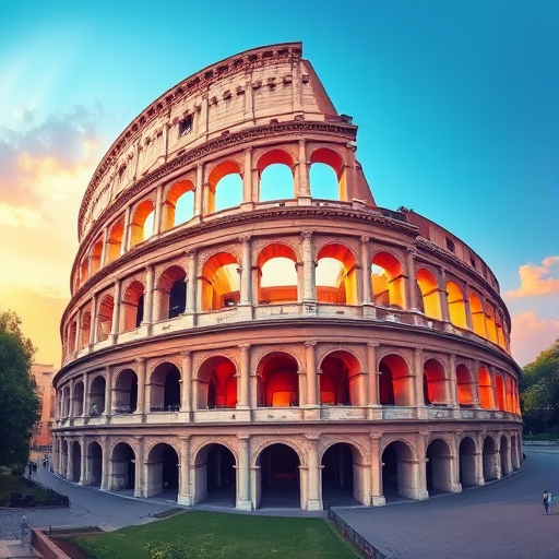 regenerate an artistic illustration of the Colosseum with a modern architectural style, use a wide-angle view, enhance colors for vibrancy, set camera settings to f/8 aperture, ISO 100, shutter speed 1/125 sec, utilize a DSLR camera type for high resolution and clarity