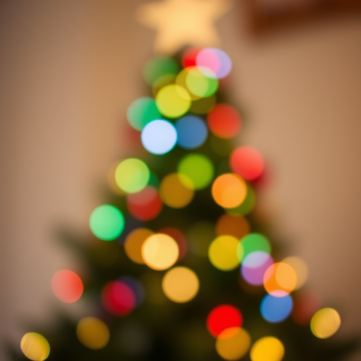 Create a festive bokeh background featuring a Christmas tree shape with colorful lights, using a lens aperture of f/1.8, shutter speed of 1/60 sec, ISO 200, taken from a low-angle, in a soft-focus style with a DSLR camera.