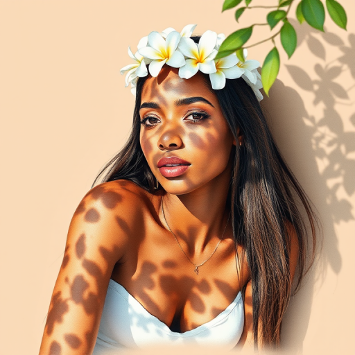 create a watercolor painting of an ethereal portrait of beautiful Aboriginal Australian woman with a simple white flower crown on her head. Her hair is long and she is lying on the ground. The sunlight on the trees casts shadows from the leaves on her face and body. The background is a neutral brown color that matches her skin tone. The image is minimalist and solid colors. This style is characterized by soft, delicate brushstrokes and a light, airy, contrasting color palette. High level of detail and play of light