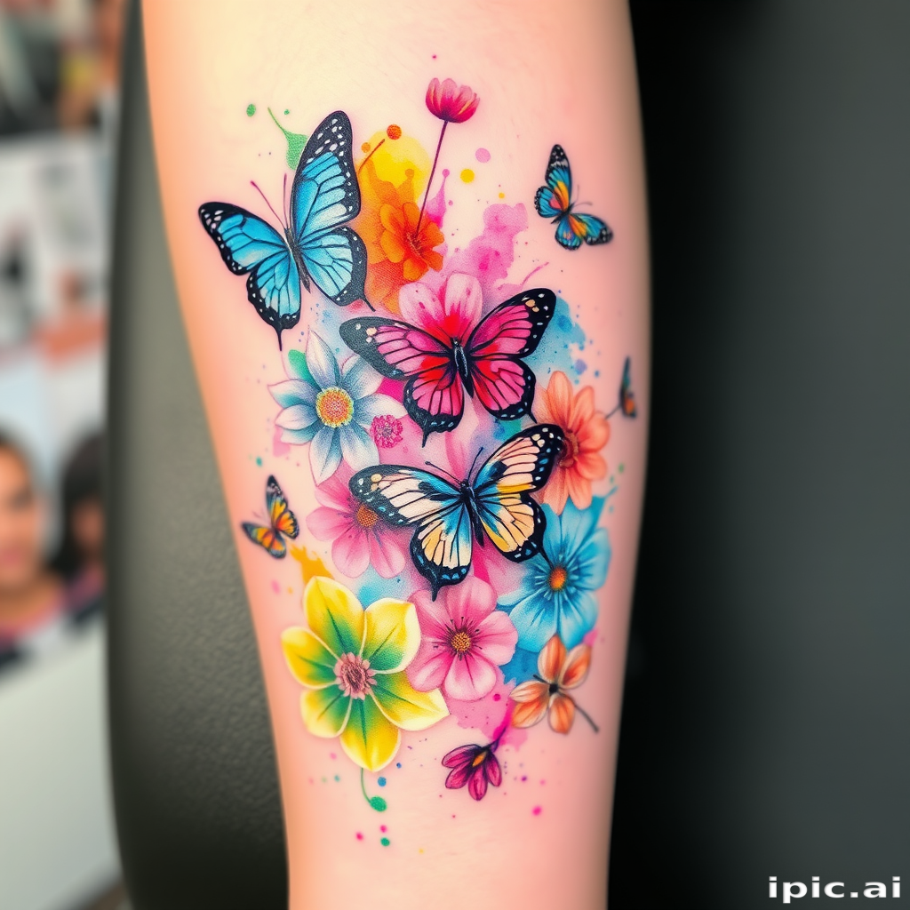 Vibrant watercolor tattoo named "Chromatic Bloom" featuring a cascade of flowers and butterflies in pastel hues melding seamlessly with bold splashes of neon colors creating a dreamy ethereal effect