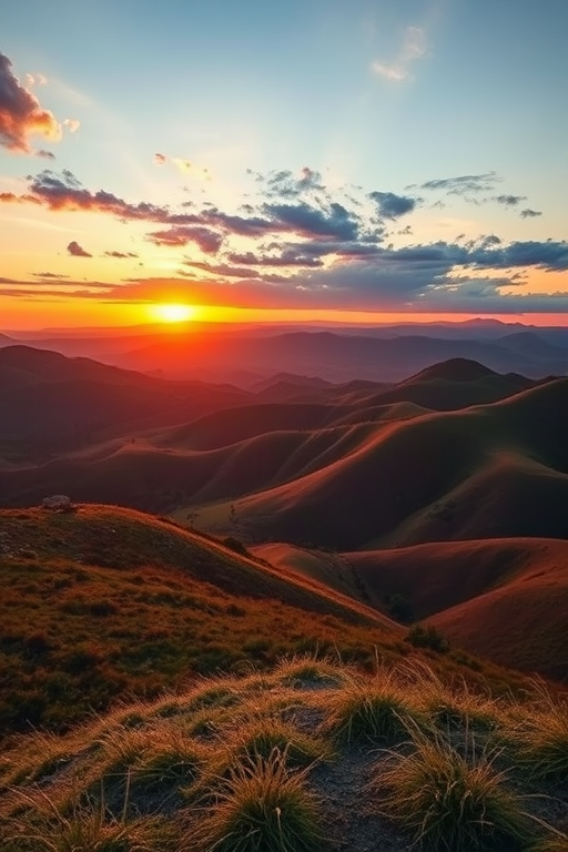 Generate an image of a scenic landscape featuring rolling hills and a sunset, captured with a DSLR camera at f/8 aperture, ISO 100, lens focal length 24mm, in a wide-angle view, with a vibrant color palette and high dynamic range.