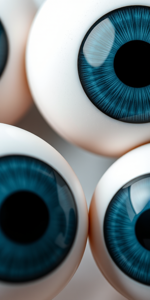 Create a high-resolution image of three cartoonish eyeballs with prominent blue irises and black pupils, ensuring realistic texture and shadow effects, using a DSLR camera with a 50mm lens, f/1.8 aperture, ISO 100, soft natural lighting, and a macro view to enhance detail and clarity.