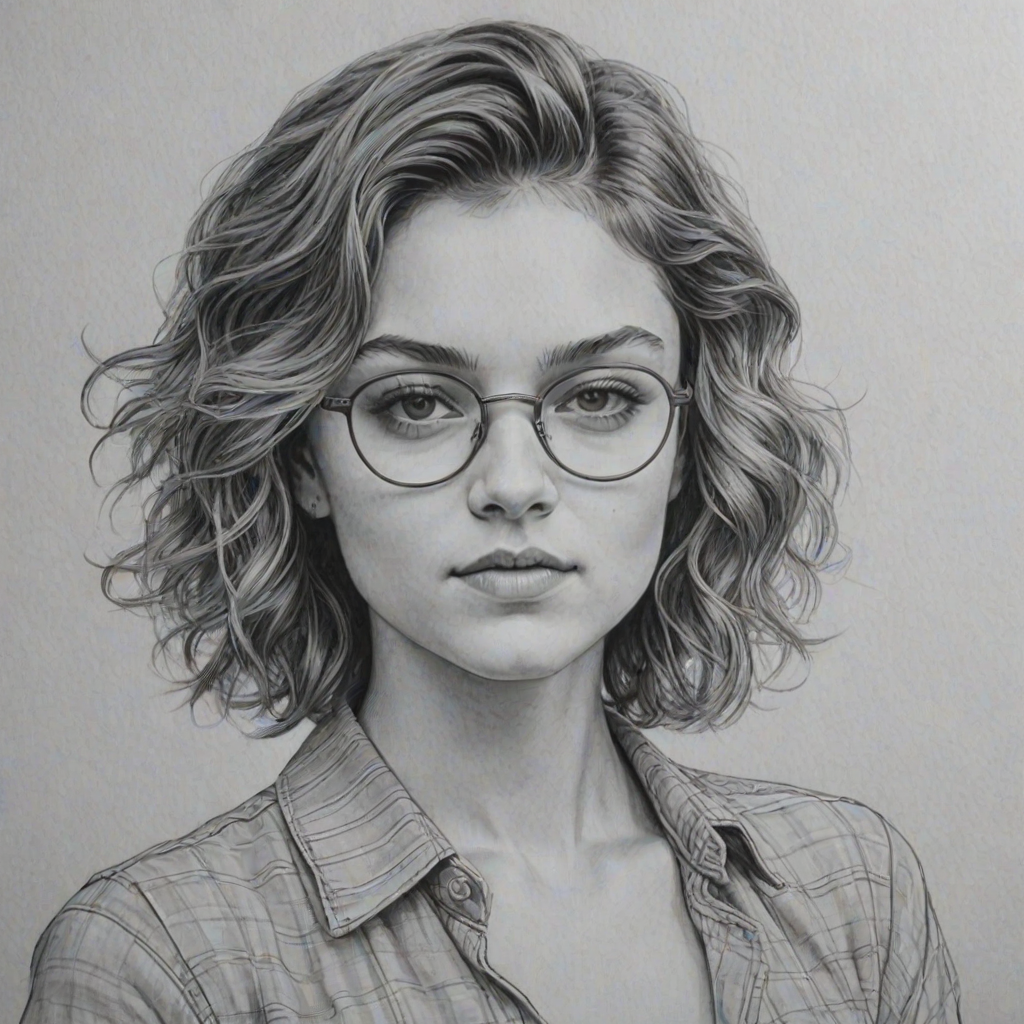 Resplendent Camren Bicondova, pencil sketch, portrait of Radiant woman 1973s in glasses, hair style beatnik, outline, clear lines, fine lines, 8k