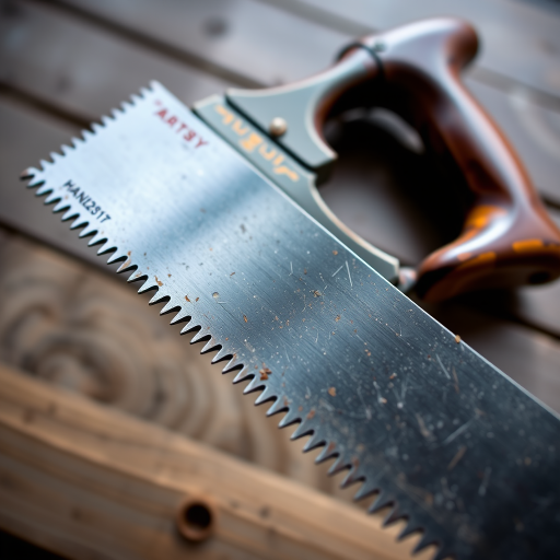 Create a high-resolution image of a vintage handsaw with detailed teeth and a wood handle, using a DSLR camera with a 50mm lens, aperture set to f/2.8 for a shallow depth of field, shooting from a slightly angled top-down view to emphasize the blade's curves and reflections, in natural lighting for a soft, even illumination.