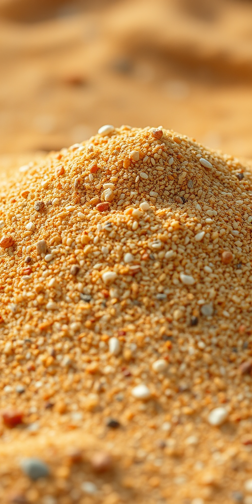 Create an image of a mound of golden sand scattered with small pebbles and grains, shot with a DSLR camera at f/8 aperture, ISO 100, 50mm lens, natural lighting, with a shallow depth of field for a soft background effect.