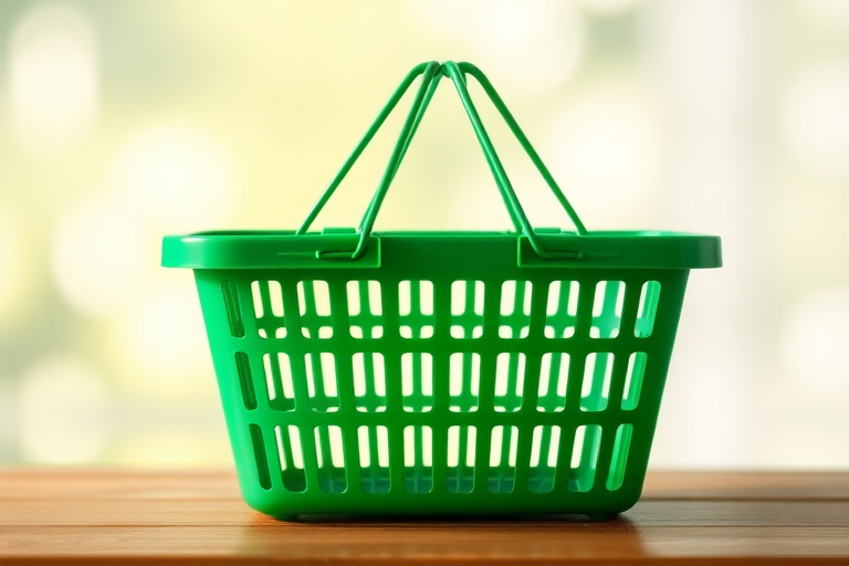 Create a detailed illustration of a green shopping basket with a glossy finish, set against a soft blurred background for depth, using a DSLR camera with a 50mm lens, aperture set to f/2.8 for shallow depth of field, ISO 100 for crisp image quality, and natural lighting.