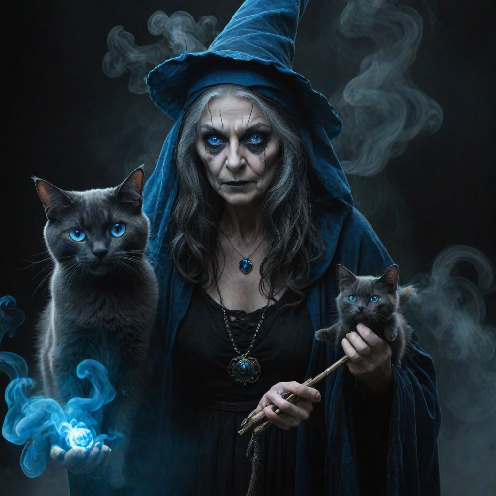 Close-up of a mysterious old crone female witch and her cat made of blue smoke are standing in the dark cackling evilly at the viewer. The smoke is a deep blue, and the background is black. The crone is wearing a long, flowing robe and has a pointed hat on her head. She is holding a staff in one hand and has a mischievous look on her face. The cat is sitting at her feet, looking up at her with glowing blue eyes. The smoke around them is swirling and shifting, as if it has a life of its own. The overall effect is eerie and magical.