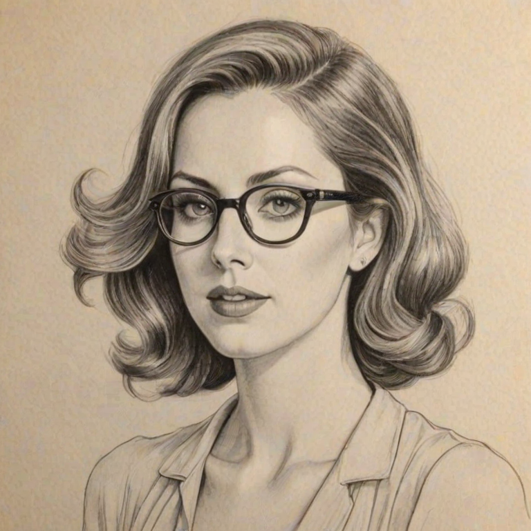 Alluring Eva Amurri, pencil sketch, portrait of Resplendent woman 1932s in glasses, hair style beatnik, outline, clear lines, fine lines, 8k