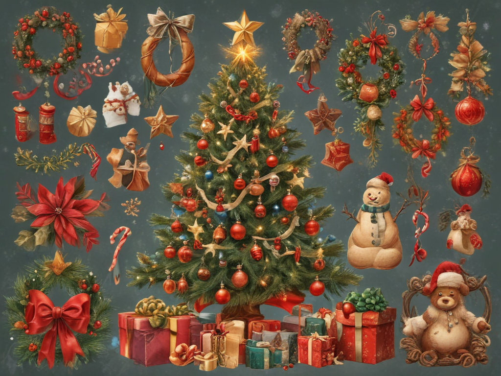Festive Christmas Scene Featuring a Tree Surrounded by Decorations and ...
