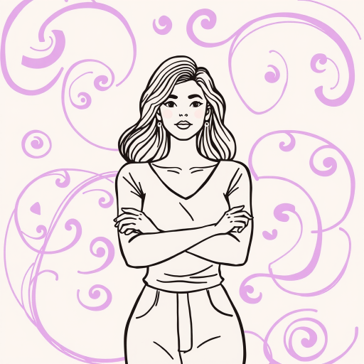 Create an illustration celebrating International Women's Day, featuring a stylized line drawing of a woman with crossed arms, surrounded by soft purple swirling patterns, shot with a digital camera at f/2.8, ISO 100, and a 50mm lens for a shallow depth of field.