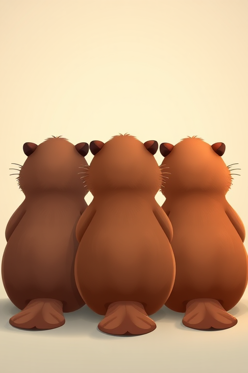 create an illustration of three cartoonish beavers sitting side by side from the back, with detailed tails and soft, warm colors, using a digital art style, sharp focus, high resolution, taken with a Canon EOS R5 at f/8, ISO 100, 50mm lens, with a soft gradient background to enhance the subject.