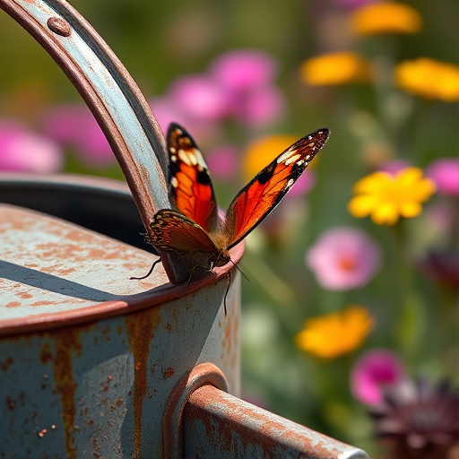 Sharp close-up of a butterfly perched on the edge of a rusty watering can, vibrant wings in stark contrast to the weathered metal, with bright wildflowers blooming in the blurred background.