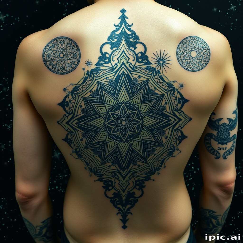 Cosmic sacred geometry tattoo incorporating intricate mandalas and fractal patterns, blending seamlessly with a starry night sky backdrop for a mesmerizing full-back masterpiece