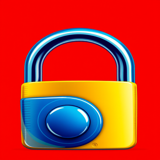Create a vibrant digital illustration of a closed padlock with a shiny blue shackle and a yellow body against a solid red background, using a high-resolution setting, macro lens, focus on detailed texture, and soft lighting for enhanced clarity.