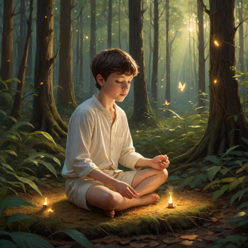 A luminous digital painting of a serene forest scene featuring a barefoot young boy, about 7 years old, with brown hair and fair skin, dressed in a simple white outfit. He sits cross-legged on the forest floor, gazing at a small, glowing, magical firefly in his hand. Beside him, a delicate spotted deer lies calmly on a bed of dried leaves, observing the scene. The dense forest is bathed in warm, golden light filtering through the trees, creating a peaceful, magical atmosphere with a blend of natural and mystical elements.