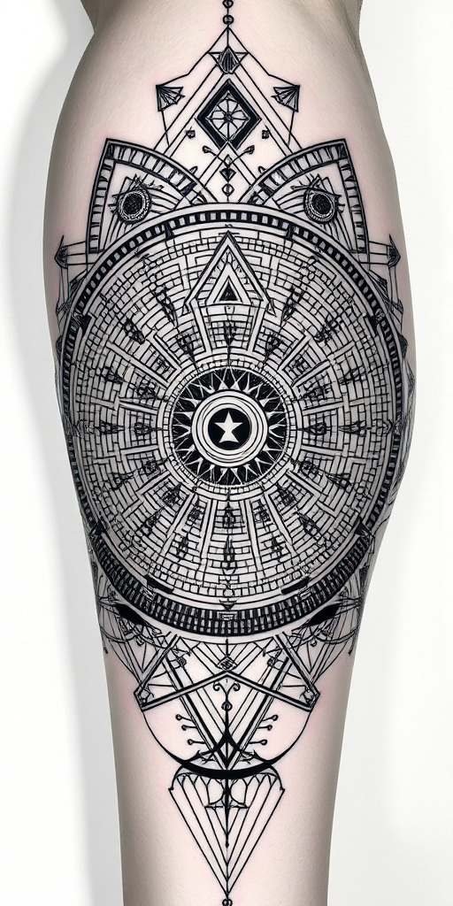 Intricate blackwork tattoo named "Shadow Labyrinth" showcasing an elaborate maze-like pattern of fine lines and geometric shapes, incorporating elements of sacred geometry and optical illusions to create a visually stunning and hypnotic design that appears to shift and change as the viewer's perspective alters, ideal for individuals who appreciate complex and thought-provoking body art.