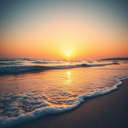 Generate an image of a serene landscape at sunset with gentle waves lapping at the shore, use a Canon EOS R5 camera with a 24-70mm f/2.8 lens, settings: ISO 100, aperture f/8, shutter speed 1/60s, shot from a low angle to capture foreground details and a warm color palette for enhanced visual quality.
