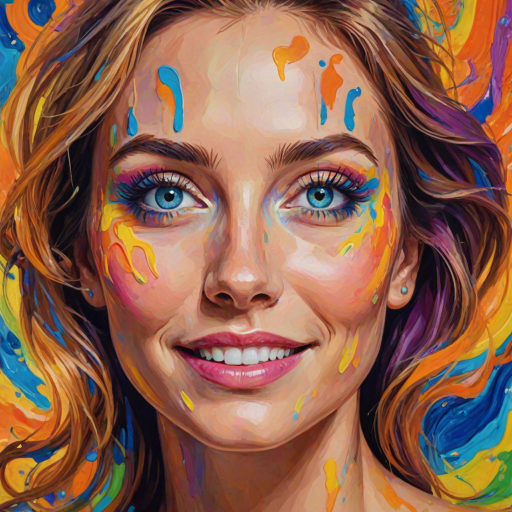 Generate a psychedelic portrait of a woman's happy face with brushstrokes of a woman smiling and looking up at the sky, emphasizing bright and bold colors. The dominant color should be deep blue, with swirling patterns of yellow, green, pink, purple and orange. open blue eyes with long eyelashes, apply an orange-yellow eyeshadow for a mesmerizing effect.