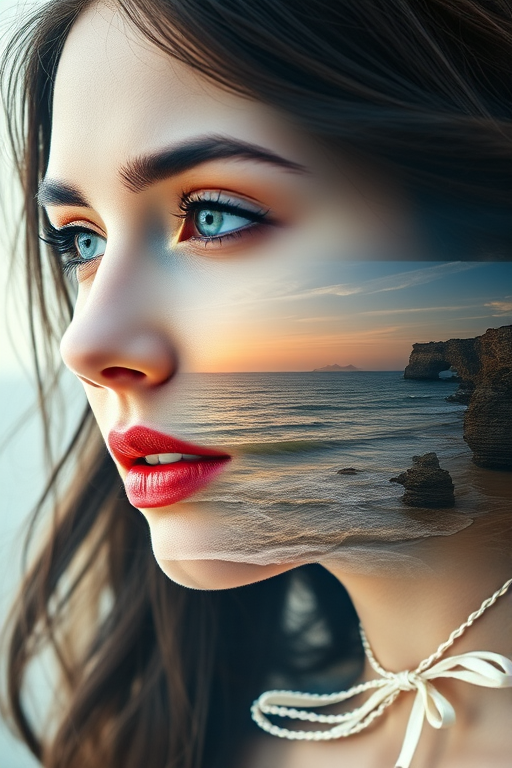 generate Book cover, A surreal double exposure portrait that blends a womans face with a beautiful seascape. The overall mood is dreamy and mystical, with rich colors and intricate details