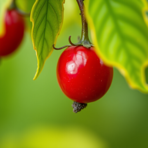 Close-up of a red fruit hanging from green leaves, soft-focus background, f/4 aperture, 100mm macro lens, ISO 200, natural lighting, taken with a DSLR camera.