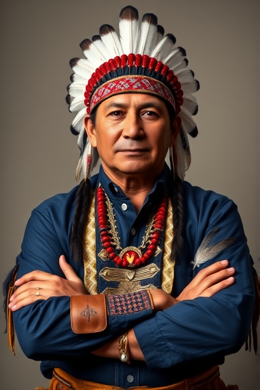 Create a dignified portrait of a Native American man dressed in traditional attire. He wears a beautifully crafted headdress adorned with white feathers and red beads, along with a beaded headband featuring intricate patterns. His clothing includes a deep blue, patterned shirt and a traditional chest piece with detailed beadwork. His arms are crossed, displaying leather armbands decorated with feathers. The background is simple and neutral, emphasizing his proud and stoic expression. The overall image captures the rich cultural heritage and strength of his persona.