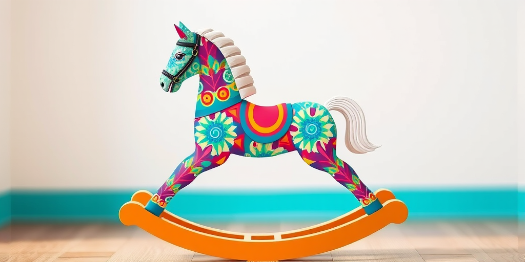 Generate a vibrant illustration of a rocking horse with intricate geometric patterns, using a shallow depth of field, a high-resolution DSLR camera, f/2.8 aperture, 50mm lens, natural lighting, and a slightly tilted overhead view to enhance the overall image quality.