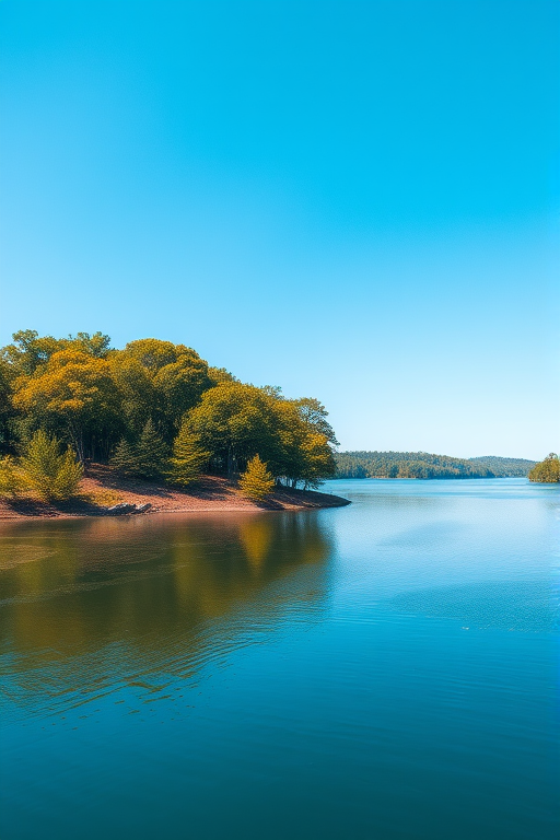 Generate a high-resolution image of a serene landscape with a clear blue sky, lush green trees, and a calm lake in the foreground, taken with a DSLR camera at ISO 100, f/8 aperture, and a shutter speed of 1/250 seconds, using a wide-angle lens at 24mm, captured from a slightly elevated viewpoint to enhance depth and clarity.