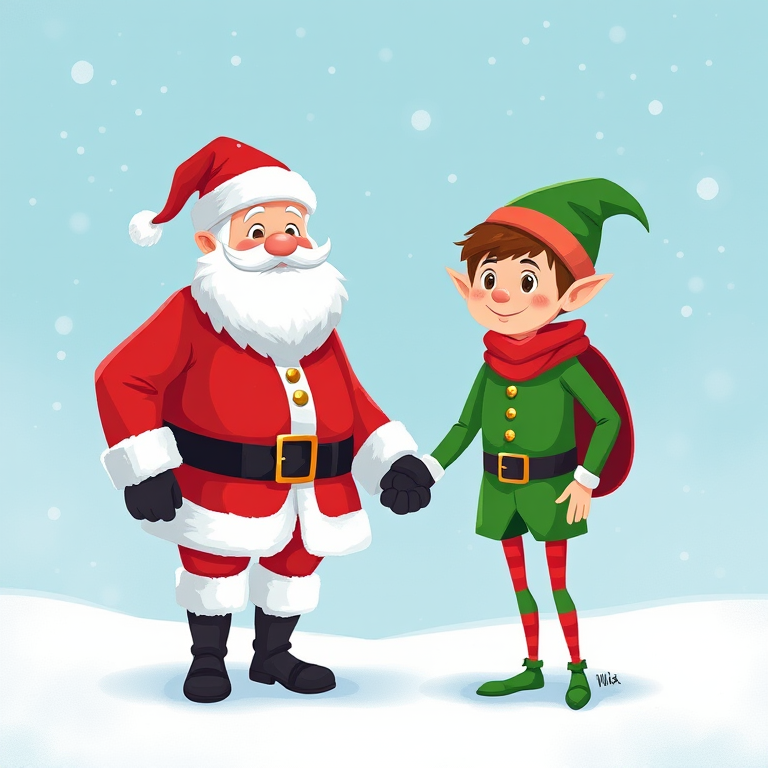 Create a cheerful illustration of Santa Claus and an elf holding hands in a winter setting, use a soft color palette with light blue background, bright red for Santa's suit, and vivid green for the elf's outfit, shot with a 50mm lens at f/5.6, ISO 100, soft diffused lighting, in a digital painting style.