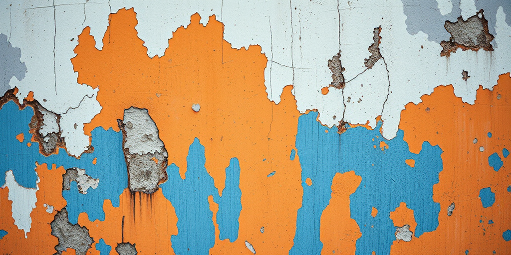 Create a high-resolution image of a weathered wall with peeling orange and blue paint, using a Canon EOS 5D Mark IV, 50mm lens, f/8 aperture, ISO 100, and a shallow depth of field for enhanced texture and detail.