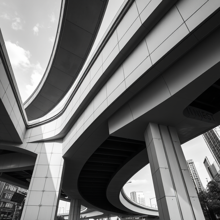 black and white photograph of modern overpasses and urban infrastructure with a focus on curves and lines, shot with a Canon EOS R5 at f/8, 1/250 sec, ISO 100, with a wide-angle lens at a low angle for depth, emphasizing geometric shapes and textures in the scene