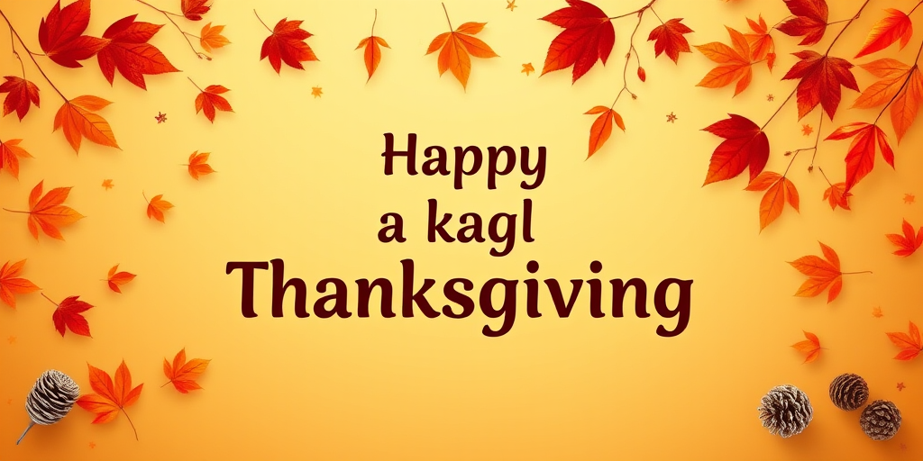Create a warm and festive autumn-themed image with a gradient background of orange and yellow hues. Include a variety of falling leaves in shades of red, orange, and brown. In the center, display the text "Happy Thanksgiving" in a stylish and inviting font, using a dark brown color for contrast. Add subtle decorative elements like pine cones and additional leaves for a cozy, seasonal feel.