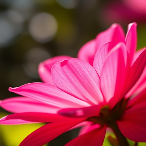 close-up of a vibrant pink flower with sunlight rays shining through, soft bokeh effect in the background, captured using a DSLR camera with a 50mm lens, aperture at f/2.8, ISO 100, shutter speed 1/200s, natural light photography, warm tone filter applied for enhancement