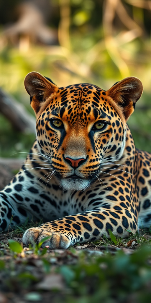 leopard lying down in a natural setting with sharp focus, f/2.8 aperture, ISO 100, 85mm lens, macro view, high dynamic range, DSLR camera