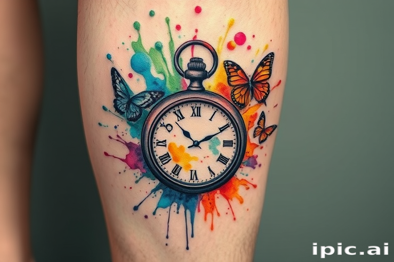 Surrealist watercolor tattoo on the calf, portraying a melting pocket watch surrounded by floating butterflies and abstract paint splatters in vibrant rainbow hues