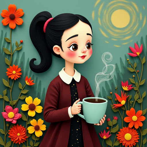 Wednesday Addams holding a steaming coffee mug, depicted in colorful felt textures. The artwork has a serene and tranquil atmosphere, emphasizing the beauty of nature, and evokes a nostalgic and whimsical feeling suitable for children's picture books, greeting cards, and home decor.