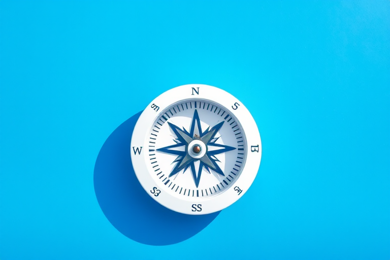 Create an image of a white compass on a vibrant blue circular background, using a Canon EOS 5D Mark IV, 50mm lens, aperture f/2.8, shutter speed 1/100 sec, ISO 100, in a bright daylight setting with a focus on sharpness and contrast.