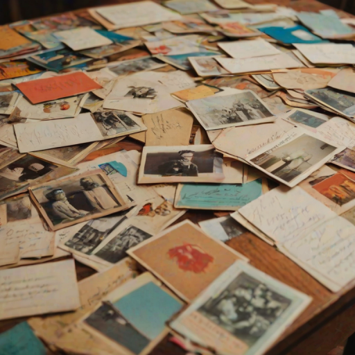 Close-up of a collection of vintage postcards spread out on a table, soft light illuminating the colorful designs and handwritten messages.