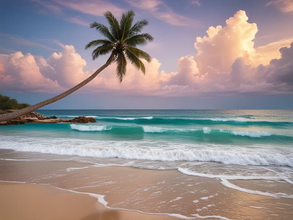 Tranquil Beach Scene with Palm Tree and Serene Ocean Waves at Sunset