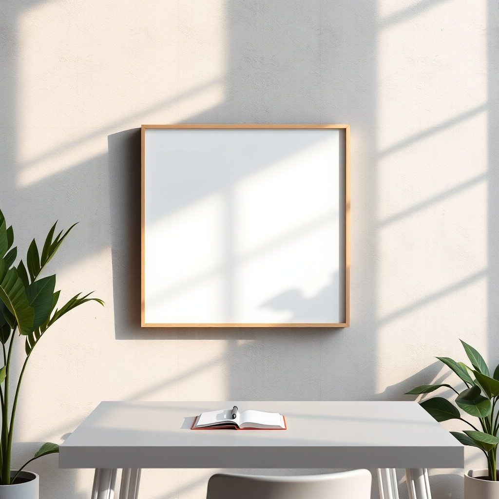Create a minimalist interior scene featuring a blank framed white canvas on a concrete wall, soft natural light casting shadows, a modern desk with a notebook and pen, and a green plant nearby, shot with a Canon EOS R5, 35mm lens, aperture f/1.8, ISO 100, and a wide-angle view.