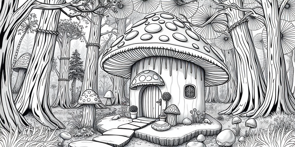 mushroom house in a whimsical forest setting, detailed line art with high contrast, 35mm lens, f/8 aperture, ISO 200, natural light, wide-angle view, DSLR camera, enhanced textures and shadows