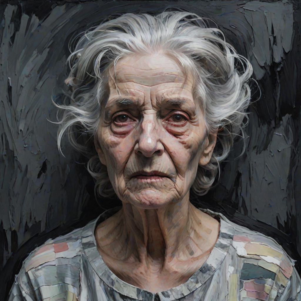 Final exit party. Dark Moody impasto dark picture edges. old woman. grey untidy hair streaked with white and pastel muted colours. include whole head and neck and shoulders. death lurks in the background.