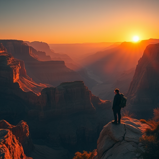 Breathtaking view of a canyon at sunrise, with layers of rock formations illuminated by the warm glow of the sun, a hiker standing at the edge, taking in the awe-inspiring landscape.